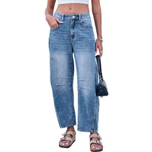 GREAIDEA Mid Rise Barrel Jeans for Women Wide Leg Mid Waist Cropped Denim Pants Y2k Baggy Boyfriend Jeans with Pockets (Small, Medium Blue)