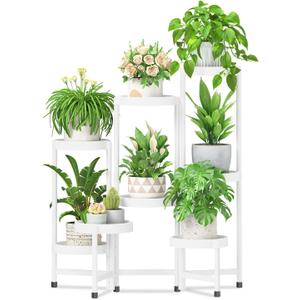 iDavosic.ly 8 Tier Folding Plant Stand Indoor Outdoor with Plastic Tray, Tiered Corner Flower Holder Shelf, Metal Orchid Display Rack for Patio Porch Living Room Garden Balcony, White