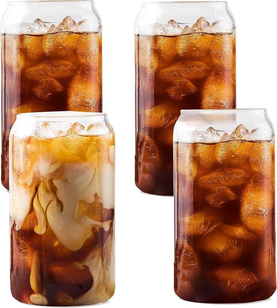 Ilyapa Can Shaped Pint Glass Cups Set- 16oz Glass Tumbler Cups, Set of 4 Tumbler Drinking Glasses, for Iced Coffee, Matcha, Smoothie, Juice and Beer