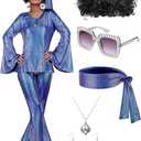 Jexine 70s Women Disco Outfit Costume Disco Party Top Pants Sunglasses Ball Necklace Earring Wig for Halloween New Year Eve (Purple, XXL)