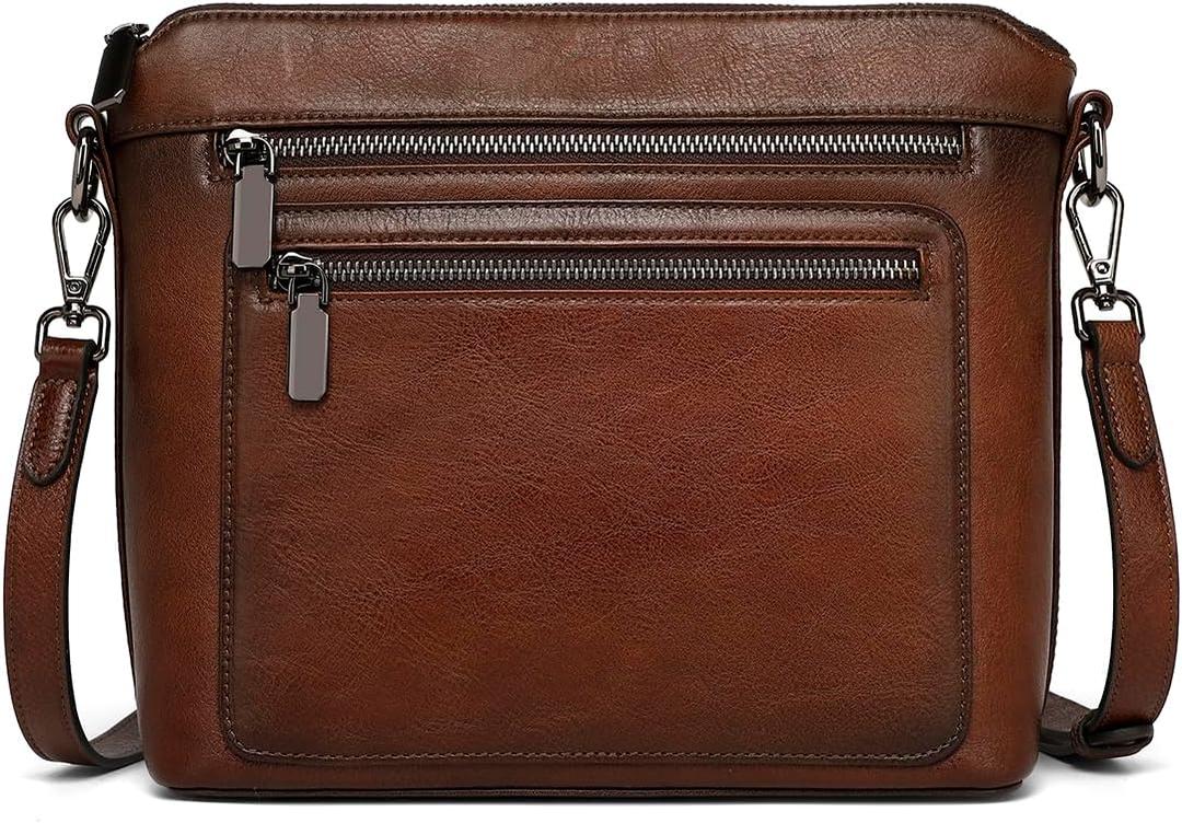 COOLCY Genuine Leather Crossbody Bags for Women Purses and Handbags for Ladies with Multiple Pockets Shoulder Satchel Bag (Coffee)