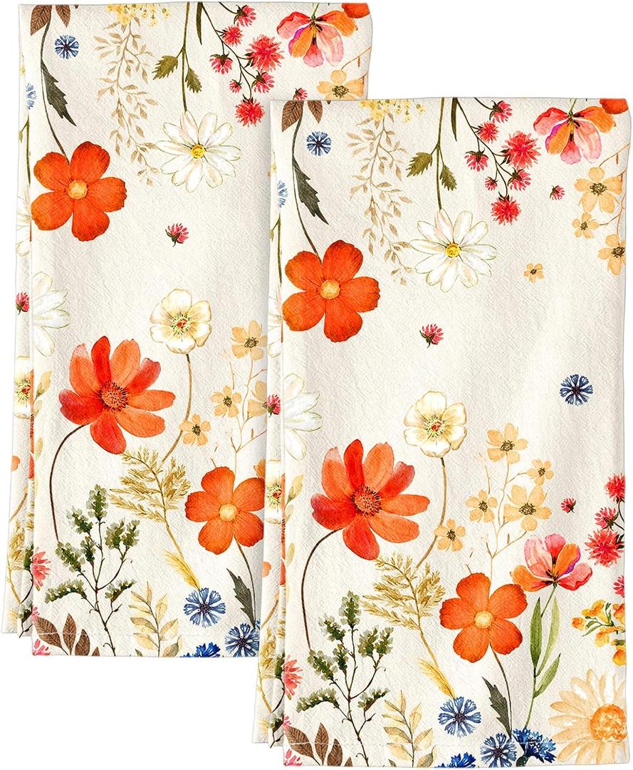 Flour Sack Kitchen Towels Set of 2-18x26 Cotton Dish Towels with Hanging Loop Reusable Tea Towel for Cleaning Spring Absorbent Dishcloths Cute Home Decor Housewarming, Red Flower