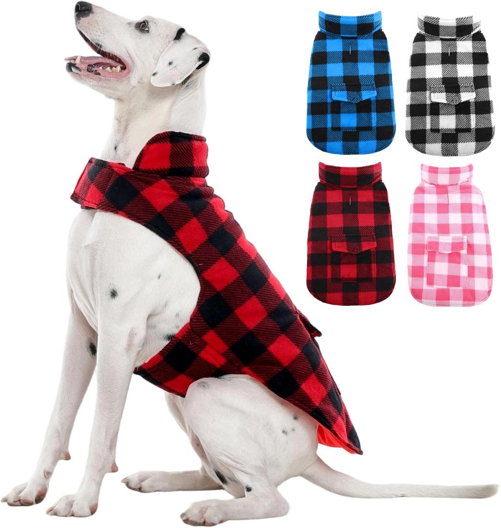 Kuoser Dog Winter Coat, Windproof Dog Fleece Jacket British Style Plaid Cold Weather Doggie Vest Coats, Reversible Cozy Warm Pet Clothes Apparel for Extra Large Size Dogs XXL (Red)