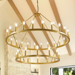 47" Gold Wagon Wheel Chandelier, 2 Tiers 36-Light Large Farmhouse Chandelier for High Ceilings, Round Rustic Pendant Light Fixture for Foyer, Entryway, Dining Room, Staircase