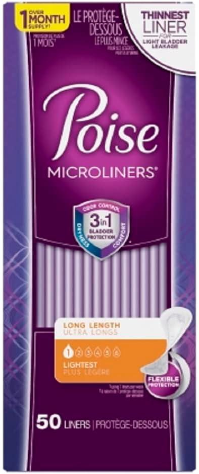 Poise Microliners Bladder Control Pad 6.9 Inch Length Light Absorbency Absorb-Loc One Size Fits Most Female Disposable, 48288 - Pack of 50