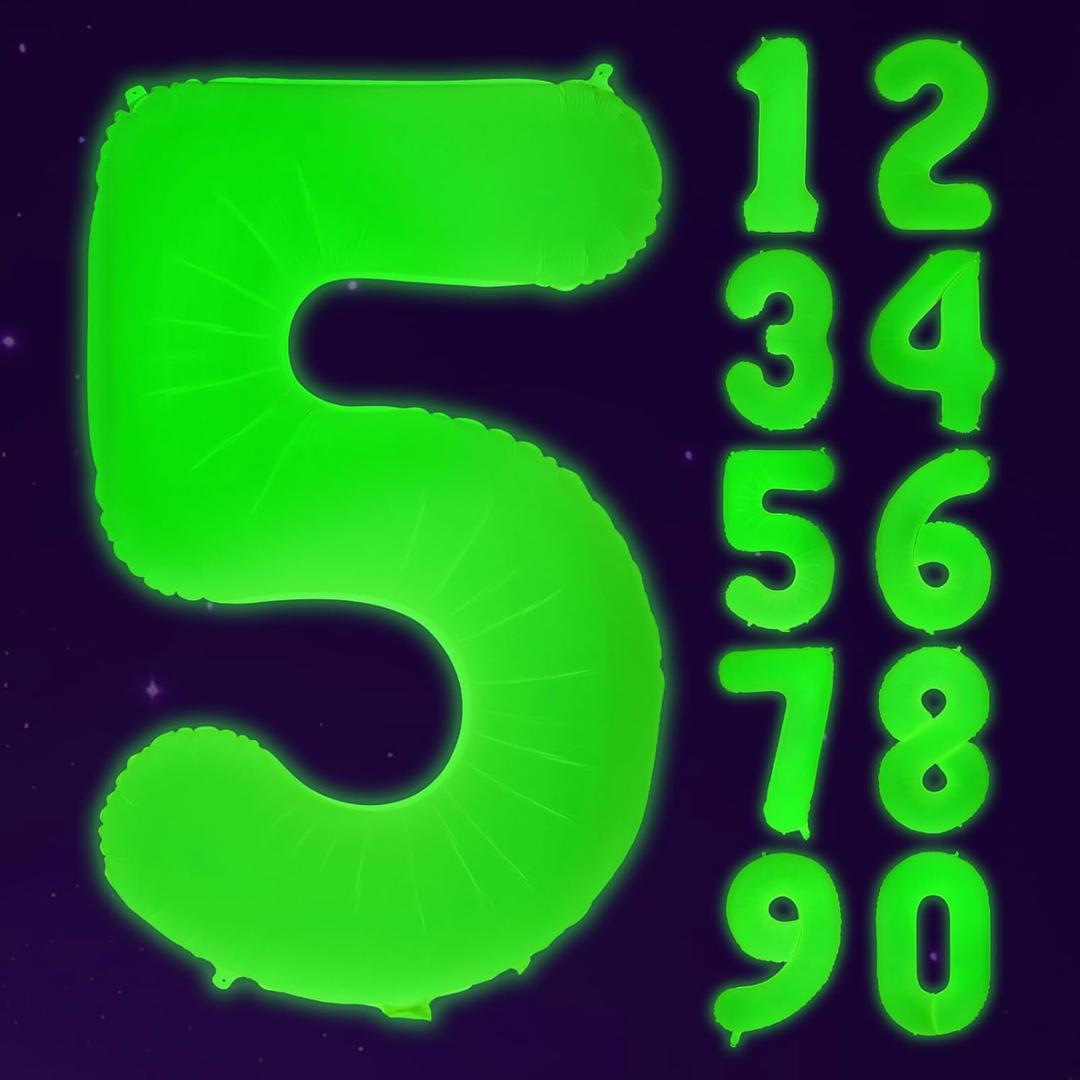 Mega-L Glow in The Dark Party Supplies, 40 Inch Neon Giant Fluorescent Lemon Yellow Number 5 Balloon for 5th Birthday, DIY Numbers Balloons Happy Birthday Sign Photo Booth Props for Party Decorations