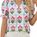 Tankaneo Womens Summer Floral Ruffle V Neck Blouses Dressy Casual Puff Short Sleeve Loose Fit Boho Shirts Tops, Medium