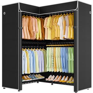 ULIFHOME E15C Garment Rack L Shaped Clothes Rack for CornerFreestanding Clothing Racks for Hanging ClothesHeavy Duty Closet Organizer 43.4"W x 15.8"D x 78.4"HBlack Rack with Black Dustproof Cover