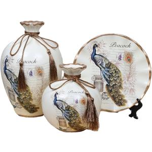 Peacock Ceramic Vase Set of 3 (9.8" Tall) - American Country Vintage Rustic Farmhouse Flower Arrangement Ornament, Versatile Home Decor for Living Room, Bedroom, Entryway, Bookshelf