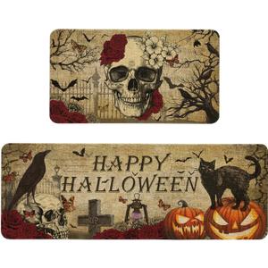 Happy Halloween Kitchen Mats Set of 2 Non Slip Spooky Goth Skeleton Kitchen Rugs Halloween Skull Home Decor Low-Profile Washable Floor Mat 17x47 Inch and 17x29 Inch