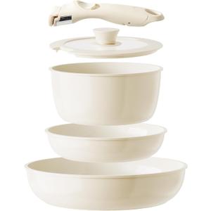 Redchef Ceramic Pots and Pans Set Non Stick, Nonstick Kitchen Cookware Sets, Non Toxic Pots and Pans Set Non Stick, PFAS PFOA & PTFE Free, Detachable Handle Pots and Pans 5 Piece, RV Cookware, Beige White