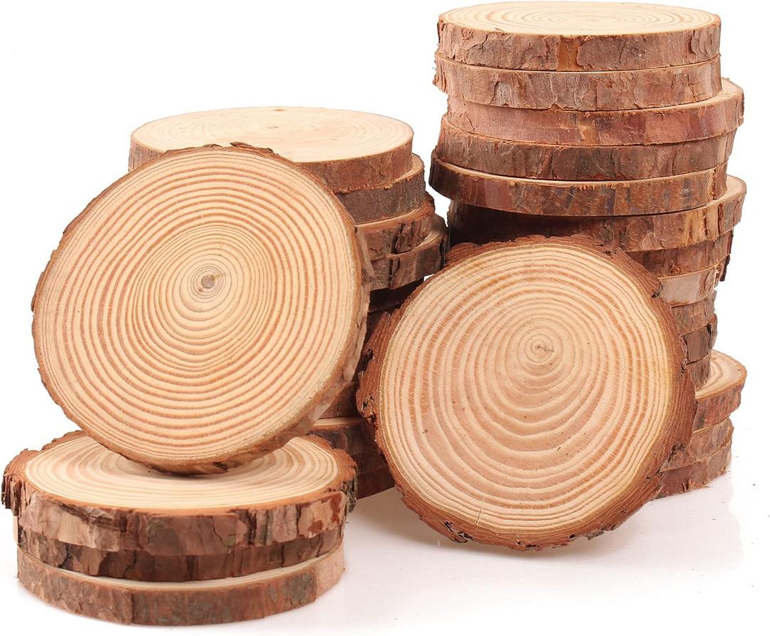 Unfinished Natural Wood Slices 30Pcs 3.5-4 Inch Round Wood Discs for Crafts Wood Christmas Ornaments,Wedding Centerpieces Paintings DIY Crafts Disc Coasters