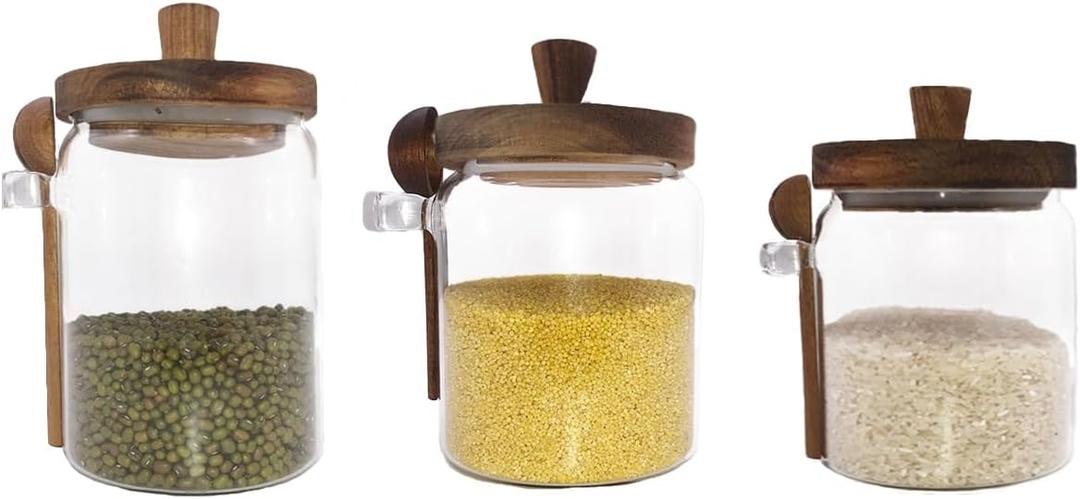 Glass Jars with Wooden Lids and Spoons set of 3,Clear Glass Coffee Containers with Scoop Decorative Kitchen Food Storage Jars for Coffee Beans, Tea, Nut Candy, Sugar, Bath Salts(17OZ/22OZ/27OZ)