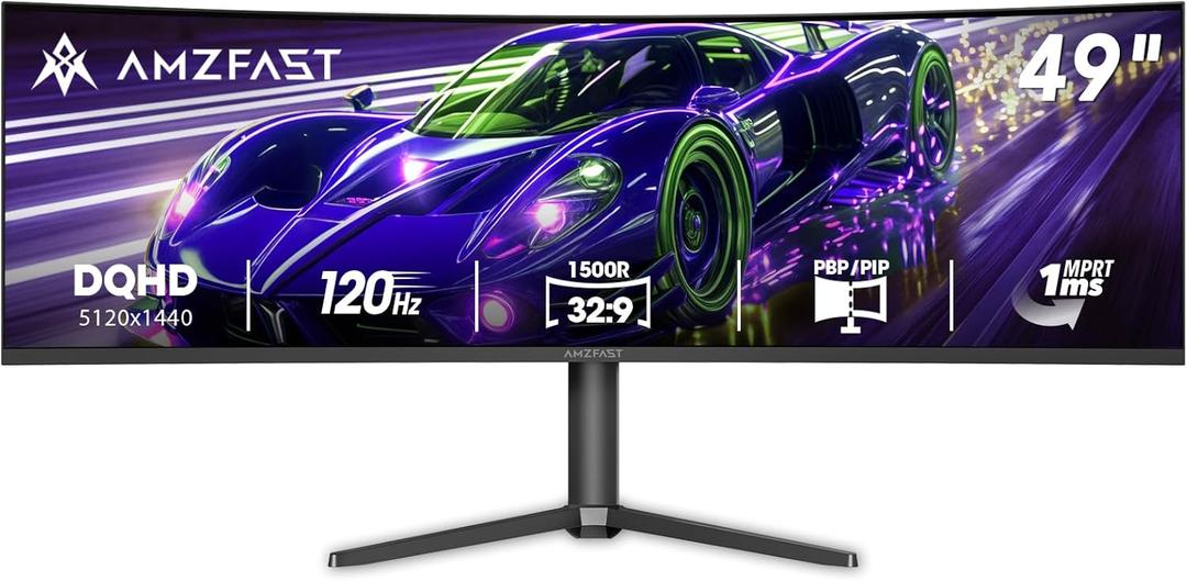 Amzfast 49 Inch Curved Monitor 120Hz DQHD 5120x1440p Ultrawide Gaming Monitor, 120% sRGB, 1500R, 1ms MPRT, HDR, Adaptive Sync, PIP/PBP, Height Adjustable, HDMI 2.0/DP 1.4, VESA 75x75, AMZG49C7U