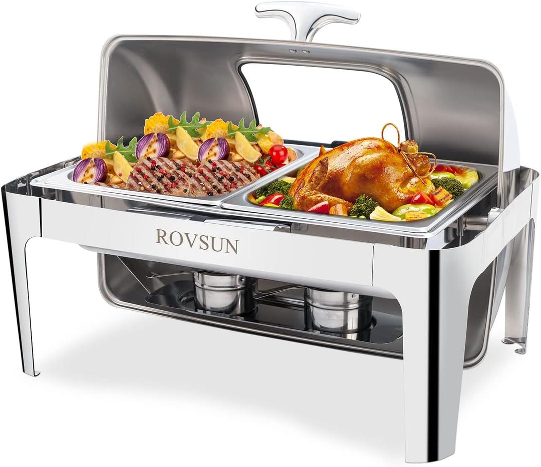 ROVSUN Roll Top Chafing Dish Buffet Set,NSF 9 Quart Rectangular Stainless Steel Chafer for Catering,Buffet Servers and Warmers Set with Glass Window for Wedding, Parties, Banquet, Events,2 Half Size (1 Pack)