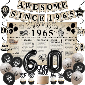 Roetyce 60th Birthday Decorations Women Men, Vintage Back in 1965 Poster Banner Balloons Hanging Swirls Cake Topper Kit, Retro Happy 60th Birthday Party Supplies, 60 Years Old Birthday Photo Backdrop