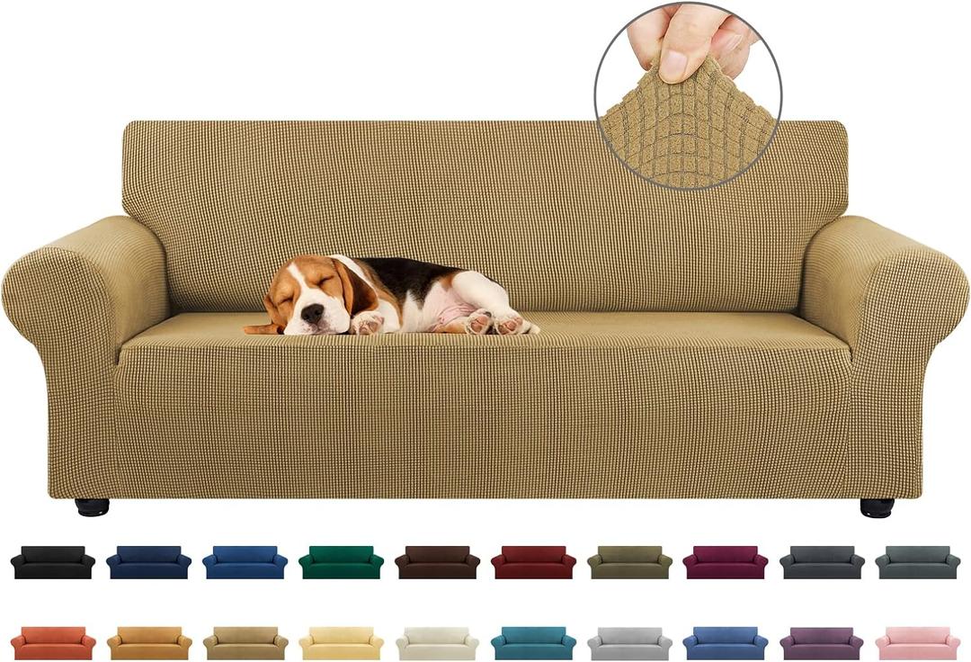 KEKUOU Stretch Sofa Cover Slipcover Couch Covers for 3 Cushion Couch Sofa pet Friendly (79"-94") Furniture Protector Sofa with Elastic Bottom for Kids,Dog, Jacquard Small Checked(Large,Tan)