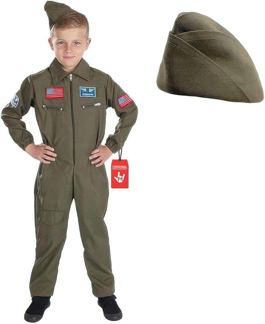 fun shack Kids Flight Suit Pilot Costume, Air Force Fighter Pilot WW2 Costume Kids, Boys Halloween Costumes (X-Large, Green)
