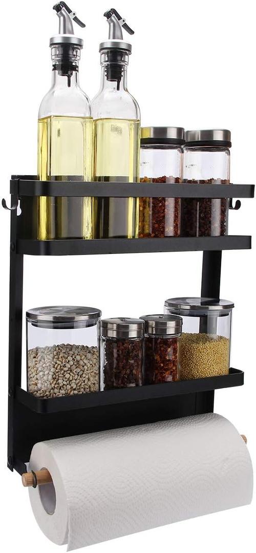 Magnetic Fridge Organizer, Paper Towel Holder, Kitchen Rack, Rustproof Spice Jars Rack, with 2 Removable Mobile Hooks (Black, Medium)