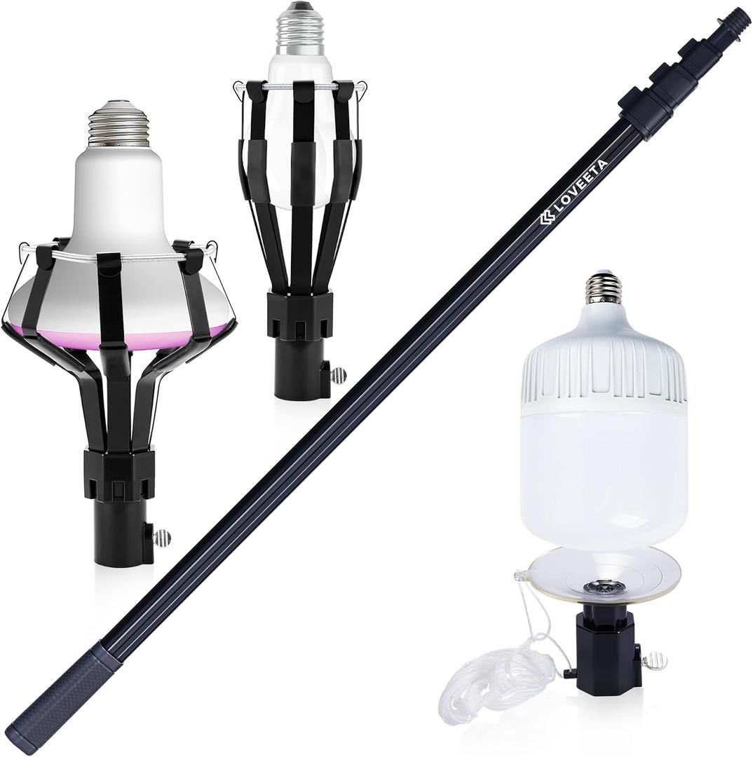 LOVEETA® Gen2 12Ft [18Ft Reach] Extendable Light Bulb Changer Pole for High Ceilings – Telescopic Light Bulb Pole Changer with Bulb Gripper, Chandelier Lights - Jet Black