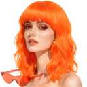 Wig and Sunglasses Set - 15 Inch Wavy Wig With Bangs - Heat Resistant Bob Wig - Short Curly Wavy Wig - Shoulder Length Wigs for Women - Bachelorette Party Costume Cosplay Wigs (Orange)