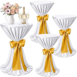 4 Set 108 Inch Cocktail Table Covers with Satin Sash Round Satin Table Overlay Cocktail Tables Skirt for Wedding Party Banquet Decor, Fits 60cm Round Tables(White, Gold)