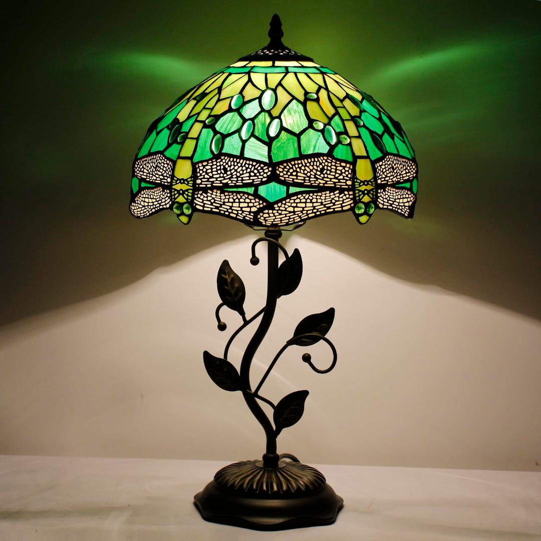 WXCFCD Tiffany Table Lamp Stained Glass Desk Lamp 12X12X19 Inches Reading Light Decor Bedroom Living Room (Yellow Green Dragonfly Style)