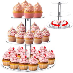 Tiered Cupcake Display Stand Rotatable Cake and Cupcake Tower Stand Combo Clear Acrylic Cake Holder with Tiered Tray for Dessert Pastry Birthday Wedding Party Table(3 Tire and Round)