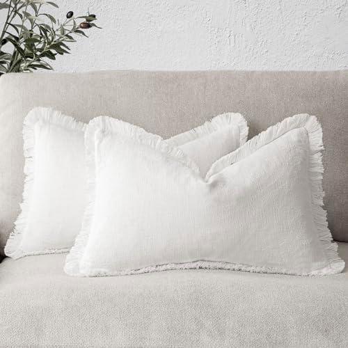 Foindtower Set of 2 Decorative Linen Fringe Throw Pillow Covers Cozy Boho Farmhouse Cushion Cover with Tassels Soft Accent Pillowcase for Couch Sofa Bed Living Room Home Decor, 12×24 Inch, White