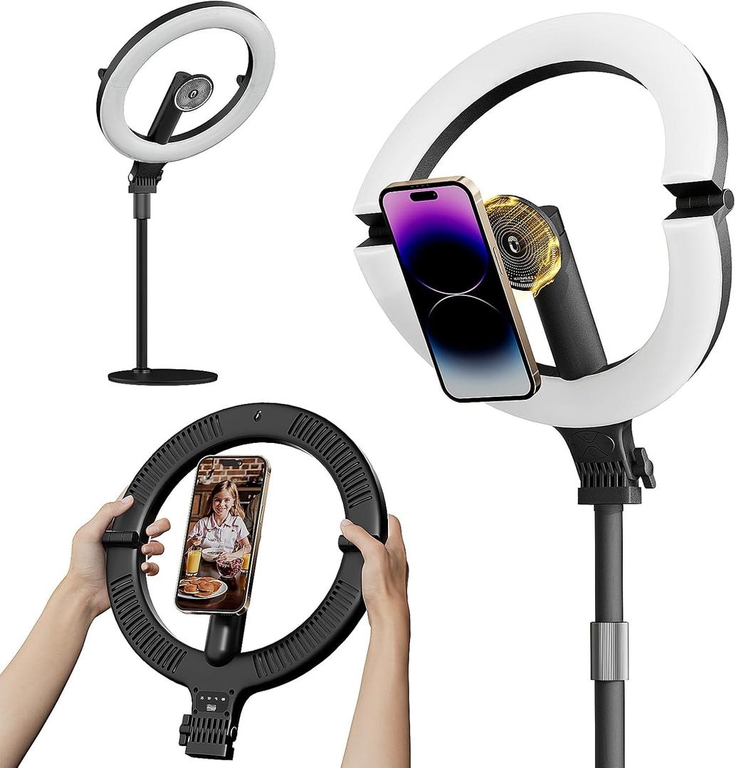 10" Magnetic Ring Light Overhead Camera Phone Mount, XINBAOHONG LED Selfie Light with Stand and Phone Holder, Rechargeable Desk Light for Video RecordingStanding