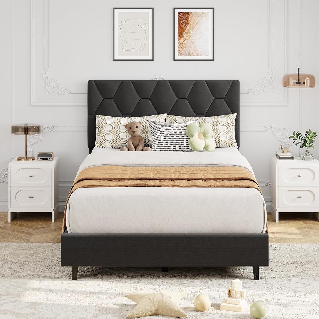 GAOMON Grey Twin Bed Frame with Upholstered Headboard, Heavy-Duty Platform Bed Frame with Strong Wood Slats, No Box Spring Needed/Noise Free/Easy Assembly