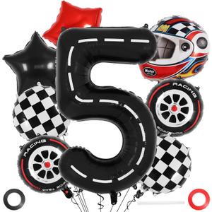 Race Car 5 Balloons, 40 Inch Racetrack Number 5 Balloon, Large Foil Mylar Racetrack Black 5 Balloon for 5 Year Old Birthday Race Car Themed Party Decoration