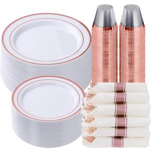 Goodluck 350 Piece Rose Gold Plastic Dinnerware Set for 50 Guests, Fancy Disposable Plates for Party, Include: 50 Dinner Plates, 50 Dessert Plates, 50 Pre Rolled Napkins with Silverware, 50 Cups