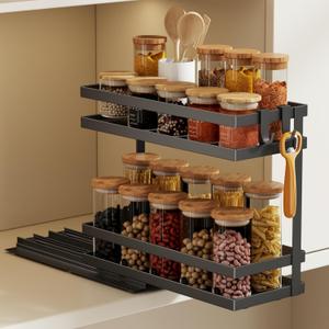Magheo Pull Out Spice Rack Organizer for Cabinet, 1 Pack Metal Seasoning Organizer Slide Out Spice Storage Shelf No Assembly Vertical Spice Rack Pullout for Kitchen & Bahthroom No Drill (2 Tier, Black)