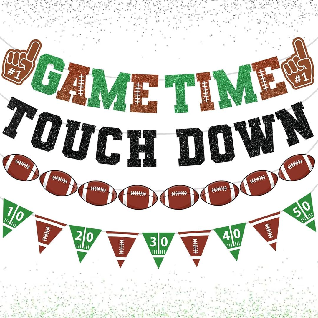 Football Decorations Game Time Touch Down Pre-Strung Football Banner Sports Party Favors Supplies for Indoor Home Birthday Flags (Green)
