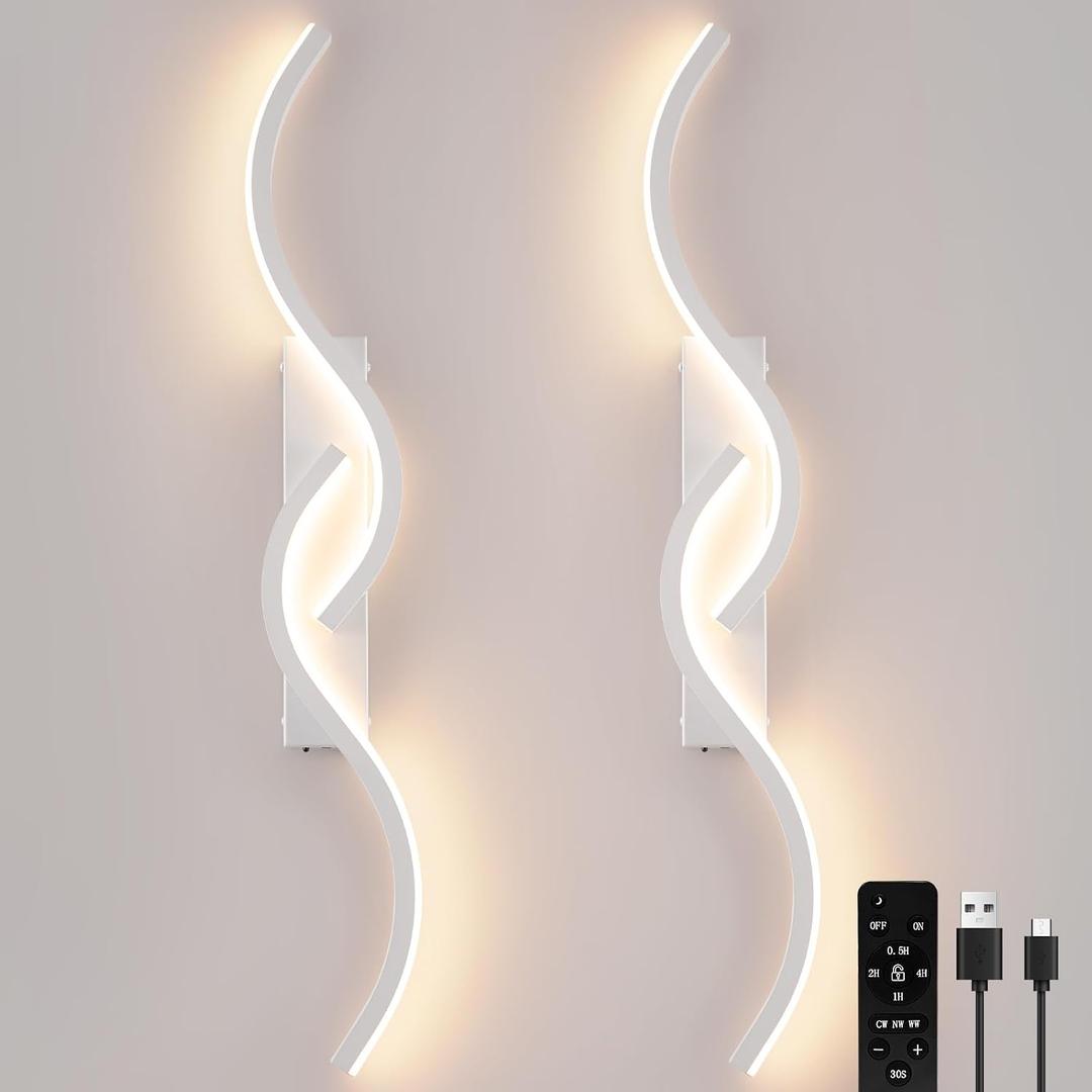 Modern Battery Operated Wall Sconces, Rechargeable Wall Sconces, 3000K-6500K LED Wireless Wall Light, Modern Wall Lamp not Hardwired for Living Room Bedroom Hallway (White), 31.49 inch