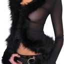 Fuzzy Fur Trim Mesh Crop Top for Women Sexy See Through Shirt Sheer Long Sleeve V Neck Cardigan Jacket Y2k Clubwear (Medium, Black)