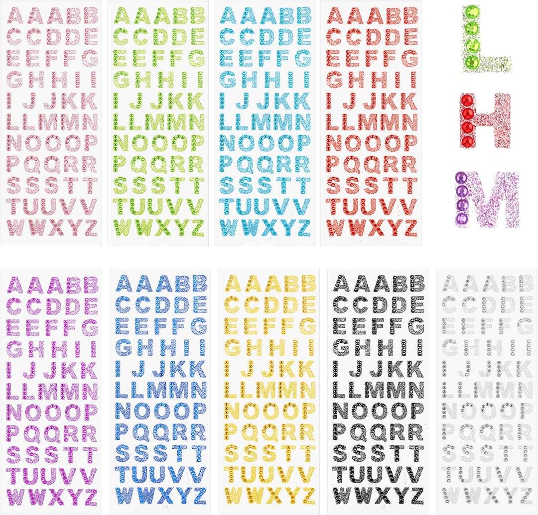 495 Pieces Glitter Alphabet Stickers, 9 Sheets 0.6" A-Z Rhinestone Letter Stickers Self-Adhesive Crystal Stick on Letters Shiny ABC Word Sticker by Letter for Scrapbooking, Card Making, DIY Art Craft