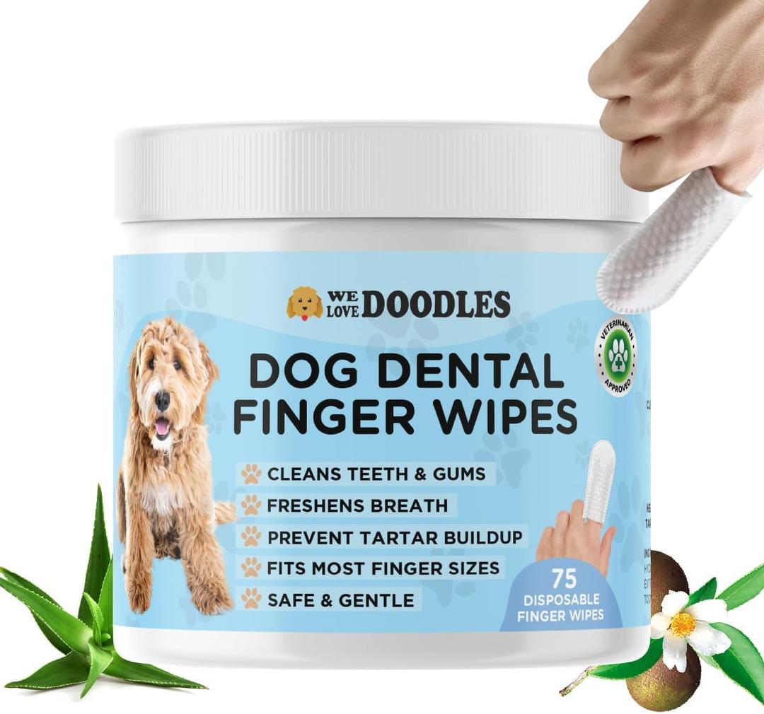 2 x We Love Doodles Dog Teeth Cleaning Wipes - Pet Dental Finger Wipes for Dogs - Cleans Teeth and Gums, Freshens Breath Dog Dental Wipes, Prevents Tartar Buildup, Fits Most Finger Sizes (75 Wipes) 2 x We Love Doodles Dog Teeth Cleaning Wipes - Pet Dental Finger Wipes for Dogs - Cleans Teeth and Gums, Freshens Breath Dog Dental Wipes, Prevents Tartar Buildup, Fits Most Finger Sizes (75 Wipes)