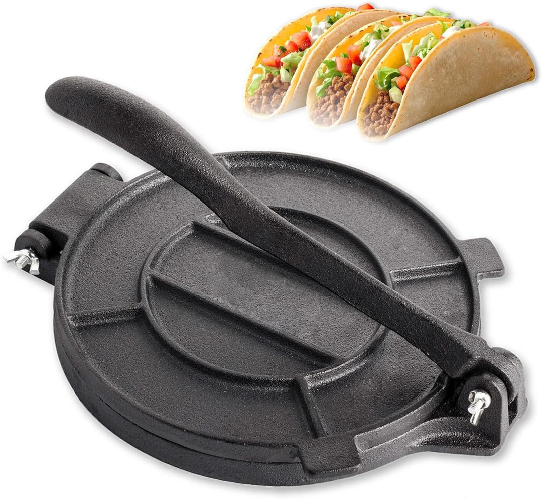Cast Iron Tortilla Press, Heavy Duty Tortilla Pataconera, 12-inch Flour Tortilla Press with Foldable Handle, Taco press with Some Parchment Paper, Roti Maker, Black