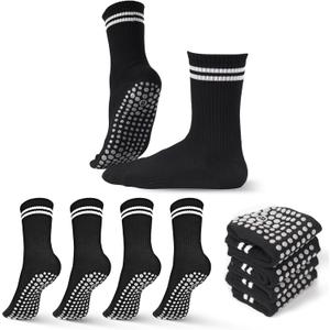 Pilates, Yoga Socks with Non Slip Grips for Women, Crew Grip Sock for Barre Shoes, Pilates Outfit Pack of 4 (6-10, Black)