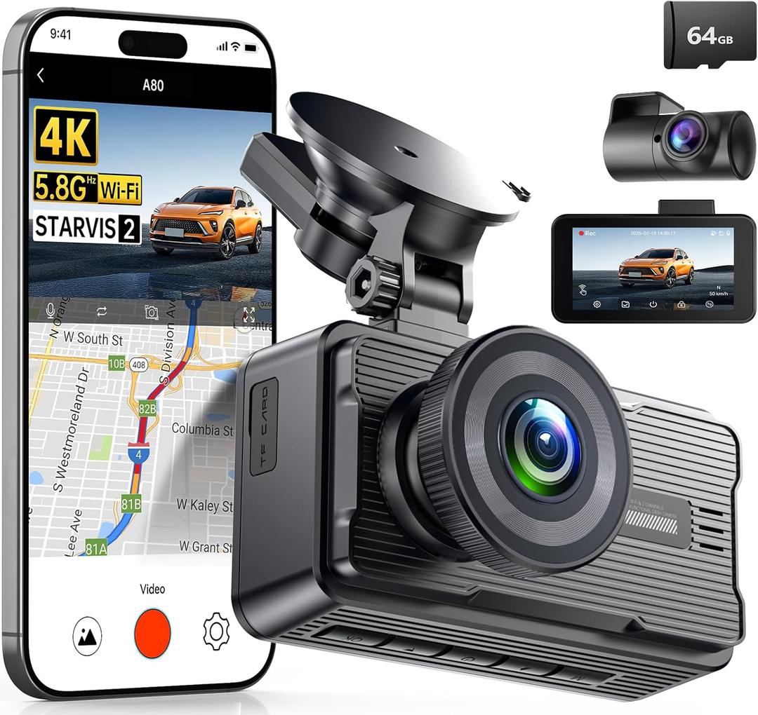 JOMISE 4K Dash Cam Front and Rear with 5Ghz WiFi GPS, Dual Dashcam with 64GB Card, 3" Screen, Night Vision, 24H Parking Mode  Reliable Dash Camera for Family Cars, Rideshare Drivers, and Trucks (A80(4K+HD), Grey)