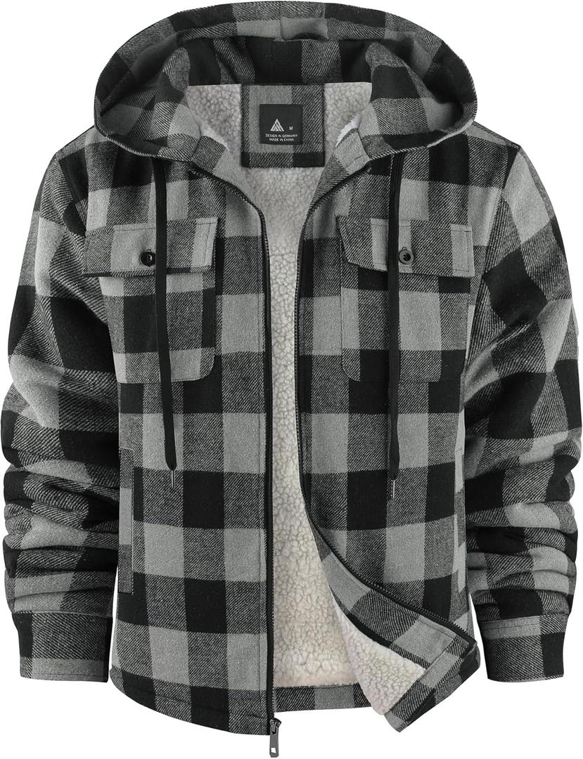 Mens Plaid Full Zip Hoodie Warm Flannel Shirt Jacket Fleece Lined Outerwear Coat with Hood (X-Large)
