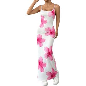 Milumia Women's Summer Floral Long Cami Dress Spaghetti Strap Sleeveless Beach Bodycon Maxi Dress (Medium, Pink)