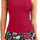 Daci Womens Tankini Swimsuits with Skirt - Two Piece Tummy Control Bathing Suits High Neck Swimwear (Medium, Red and Floral)