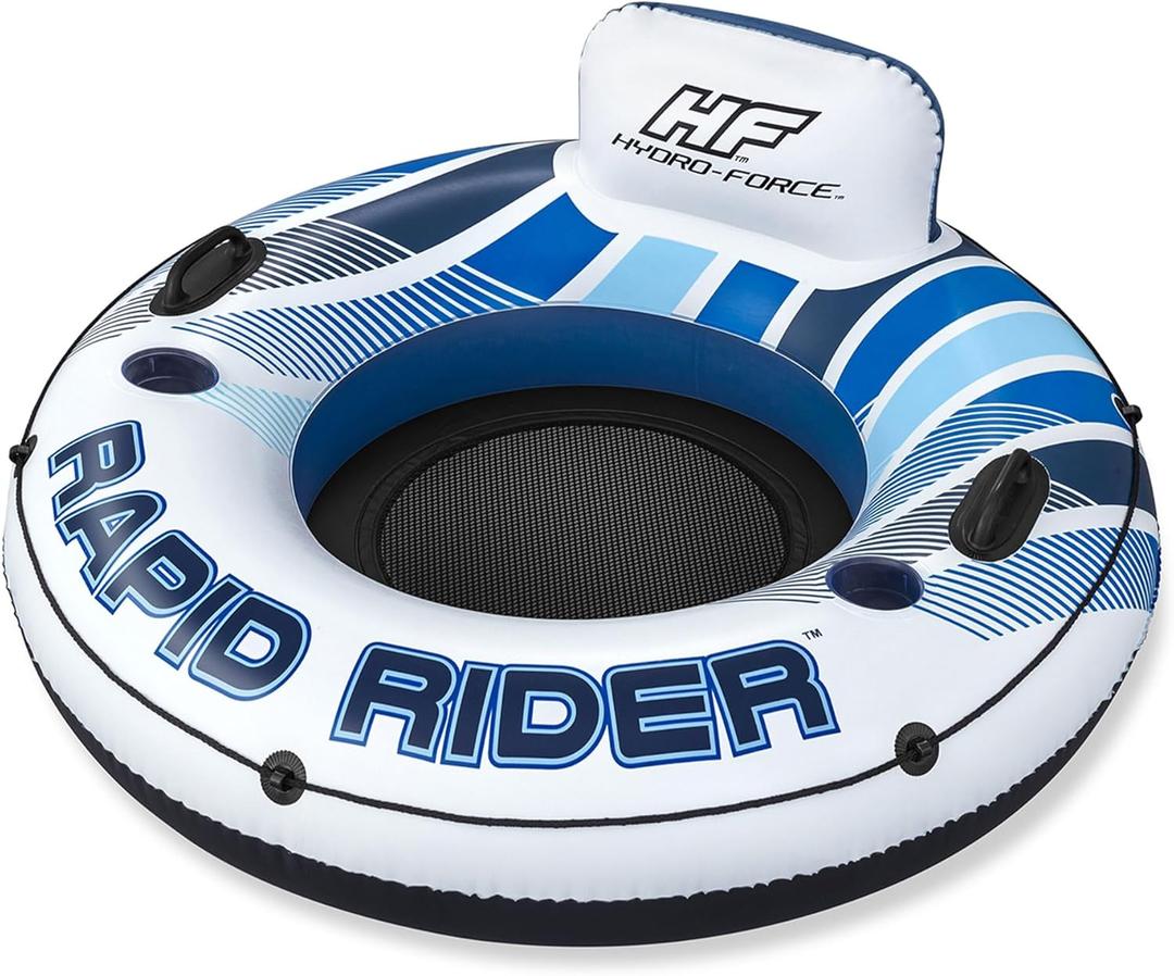 Bestway 43116E Hydro Force Rapid Rider Inflatable River Lake Pool Inner Tube Float with Built in Backrest and Wrap Around Grab Rope, Blue and White