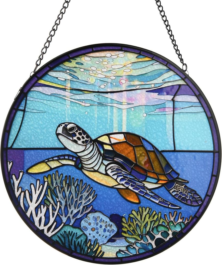 Stained Glass Window Hanging, Turtle Circular Sun Catcher Ornament with Chain & Suction Cup, Suncatcher for Garden Door Home Decor, Birthday Gifts for Women Men Mom 7.8 in