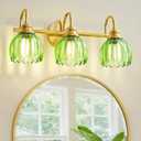 Vintage Bathroom Light Fixtures Gold, 3 Light Vanity Light with Green Glass Shade,E26 Base Bathroom Lighting Fixtures Over Mirror,Dimmable Vanity Lighting Fixtures for Restroom,Vanity,Mirror