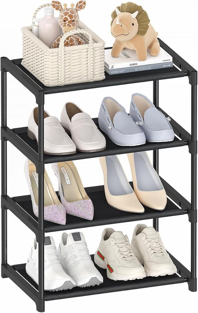 Autonomier 4 Tier Extra Small Shoe Rack (16.3" Wide), Narrow Stackable Kids Toddler Adult Shoe Storage Organizer Shelf for Closet Floor Entryway Bedroom, Space Saver Shoe Rack Organization Shelves
