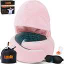 LOEXAIR Hooded Pro Travel Pillow - Memory Foam Neck Support Pillow for Airplane, Flight - Super-Soft Pure Cotton Fabric, Maximum Privacy & Light-Block Design, Lightweight Full Travel Kit- Sakura Pink